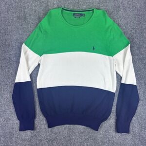 Polo Ralph Lauren Mens Pima Cotton Knit Sweater Color Block Green Blue White